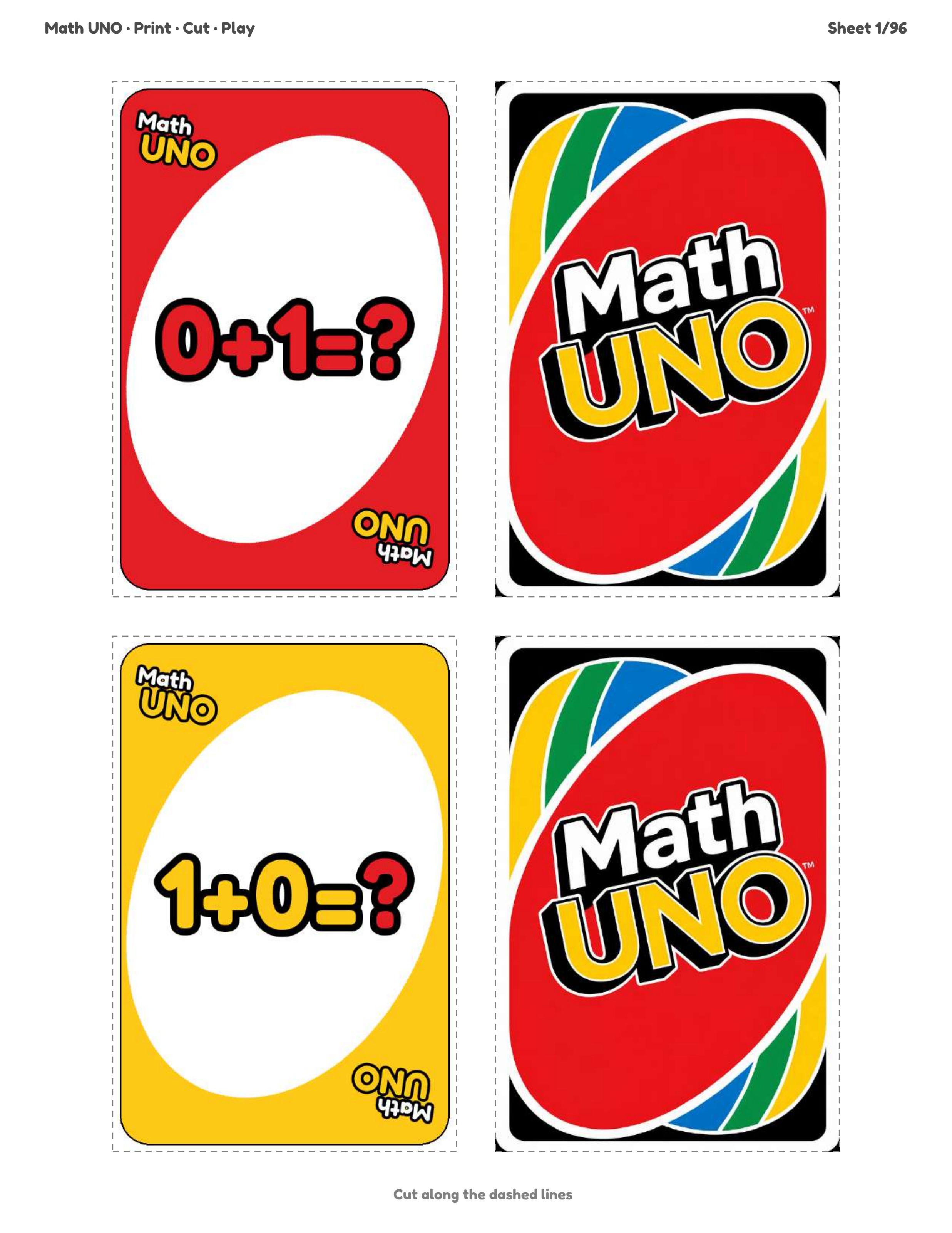 Math UNO — Complete Deck sample cards